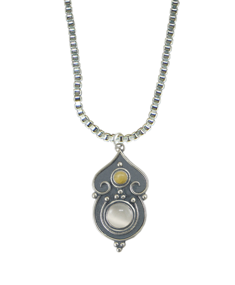 Sterling Silver Necklace White Moonstone And Yellow Aragonite